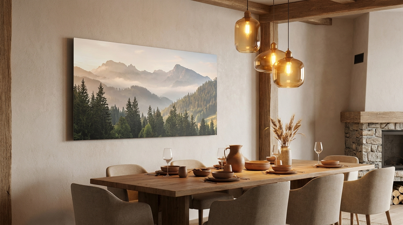 Heat4All ICONIC glazen infrarood fotopaneel 120x60 cm zonder frame met berglandschap, gemonteerd in warme moderne eetkamer