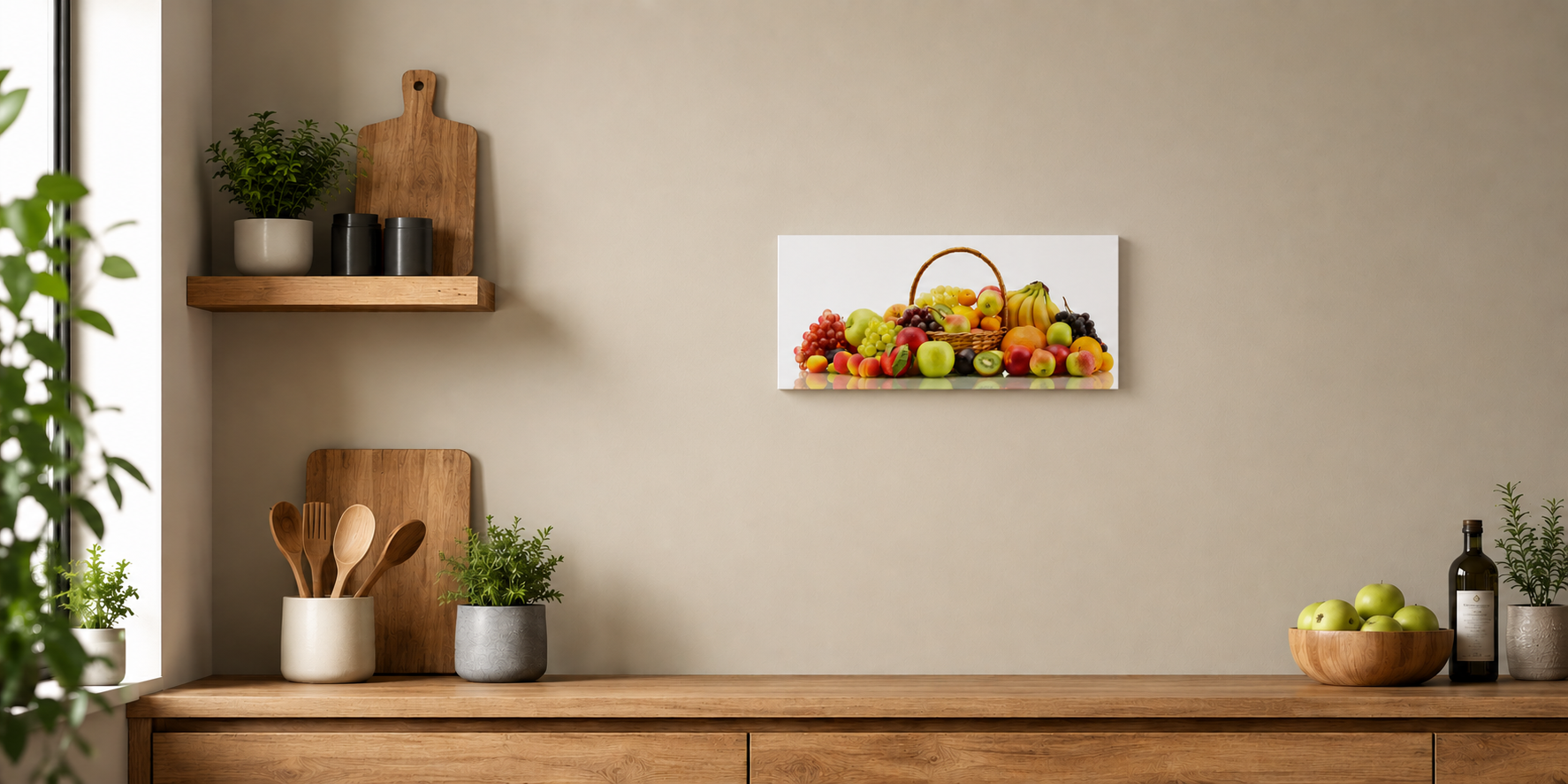 Heat4All ICONIC 210W mat fotopaneel frameless met fruitmand boven dressoir voor woonkamer