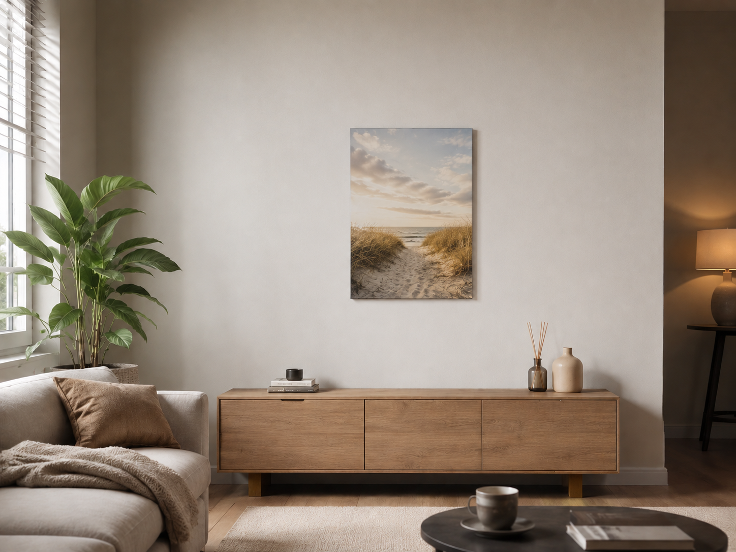 Heat4All ICONIC 450W mat fotopaneel 60x80 met duinlandschap in moderne woonkamer voor infraroodverwarming

