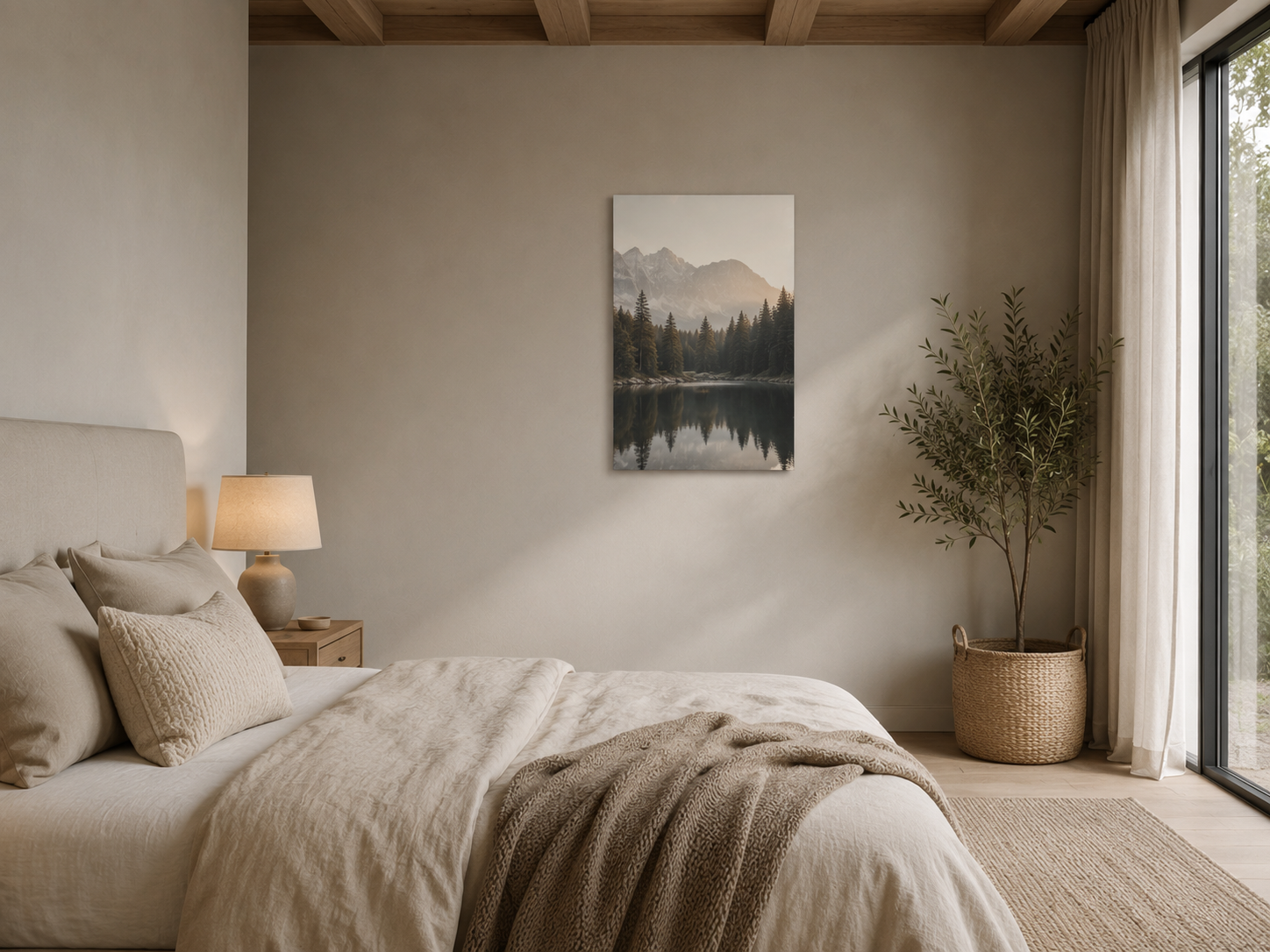 Heat4All ICONIC 450W mat fotopaneel 60x80 met bergmeer in stijlvolle slaapkamer voor infraroodverwarming
