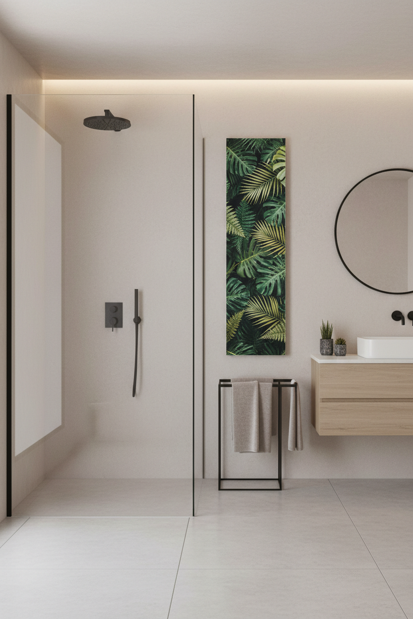 Heat4All ICONIC 710W mat fotopaneel 40x170 in moderne badkamer naast inloopdouche voor infraroodverwarming