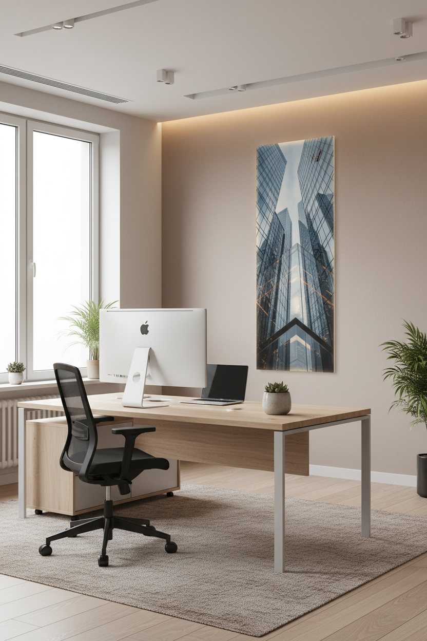 Heat4All ICONIC 1020W mat fotopaneel 60x160 in moderne kantooromgeving voor infraroodverwarming