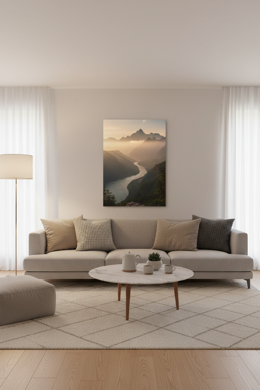 Heat4All ICONIC 1000W mat fotopaneel 80x120 in moderne woonkamer voor infraroodverwarming