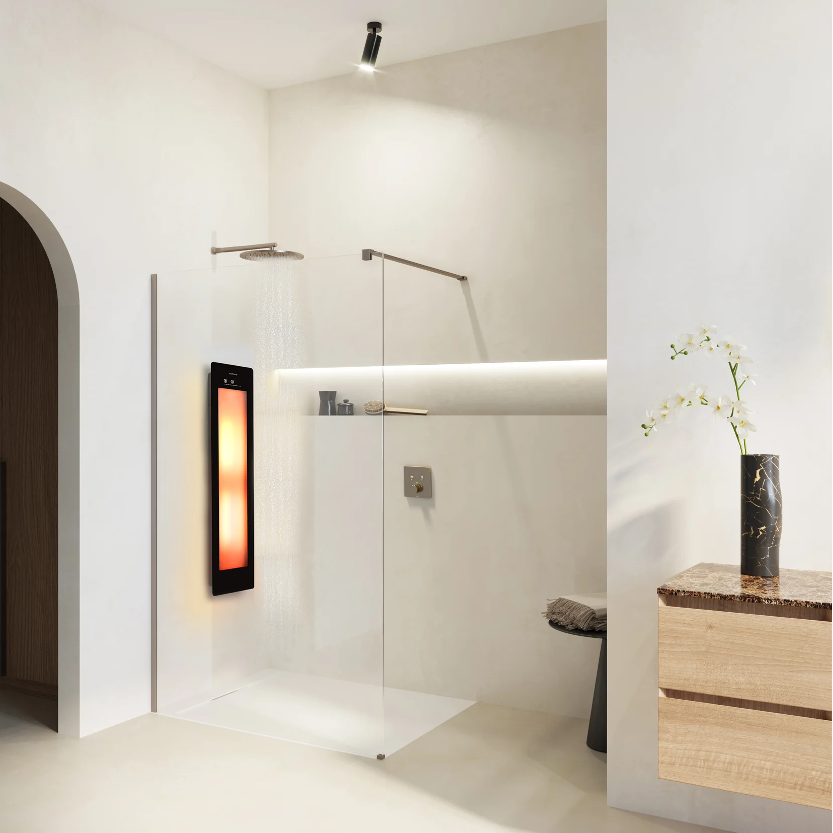 Sunshower ONE/M 2000W infrarood douchepaneel detail voor badkamer en wellness - opbouw voorbeeld