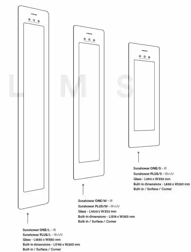 Sunshower ONE PLUS S M L infrarood douchepaneel reeks overzicht voor badkamer en wellness